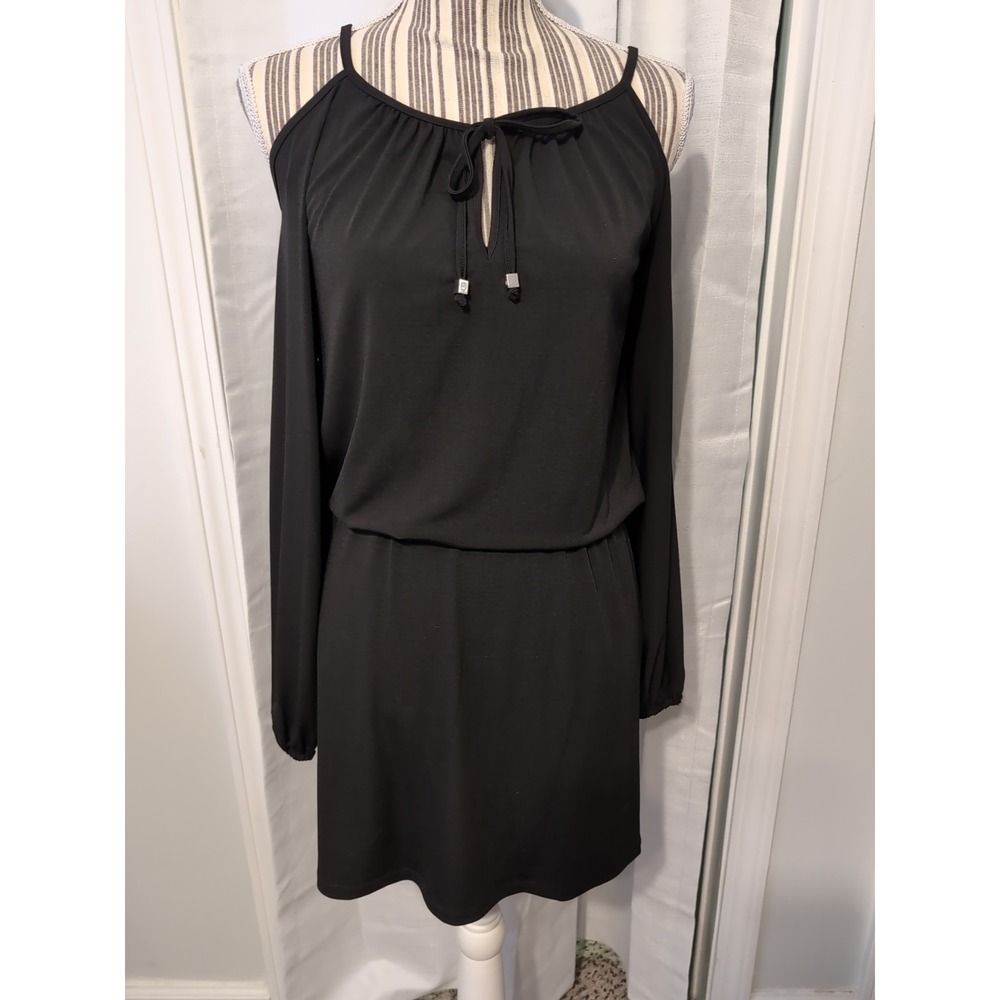 Michael Kors Black Cold Shoulder Blouson Dress Elastic Waist Keyhole Front XS